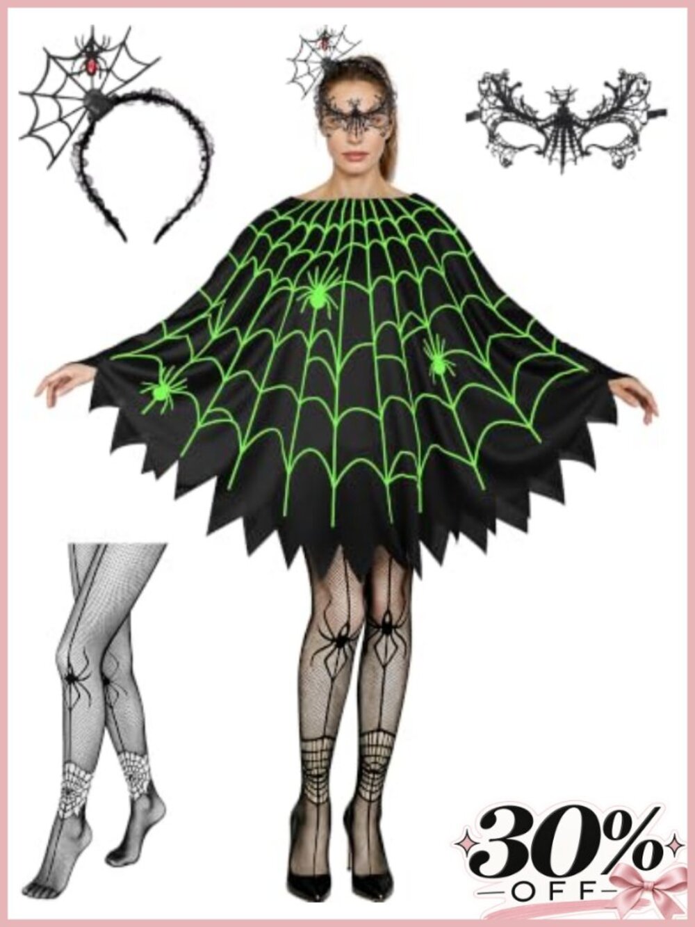 Women's Glow in the Dark Spider Web Halloween Costume Set 4 Pieces Spooky